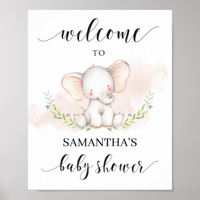 Pink elephant baby shower welcome sign 8x10 chic (Front)