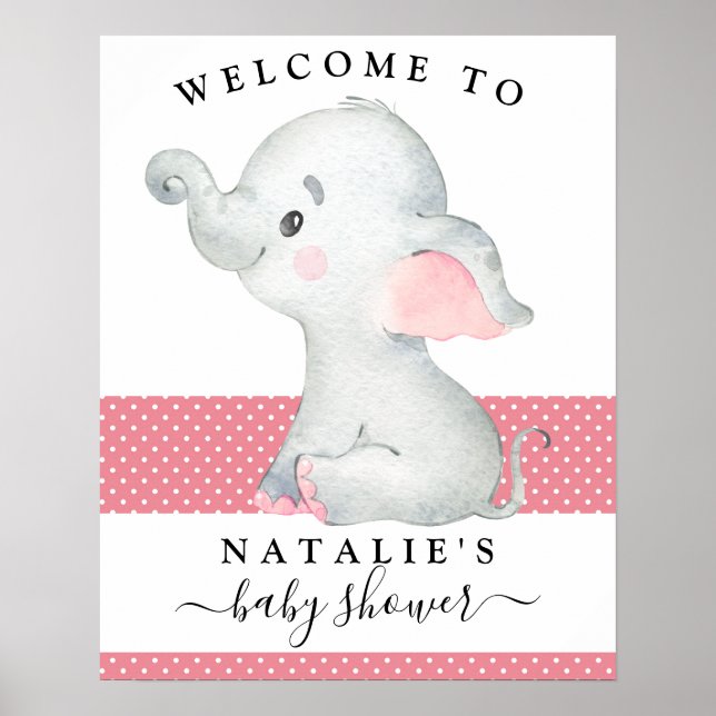 Pink Elephant Baby Shower Welcome Sign Poster (Front)