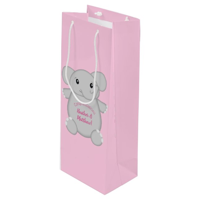 Pink Elephant Baby Shower Wine Gift Bag (Front Angled)