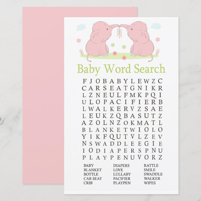 Pink Elephant Baby Shower Word Search Game (Front/Back)