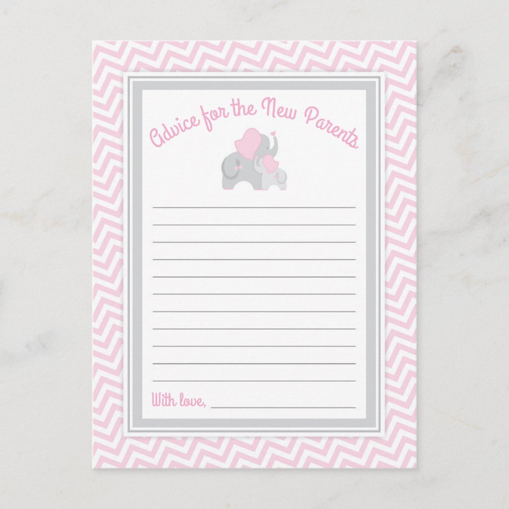 Pink Elephant Baby Shower Words of Advice Card