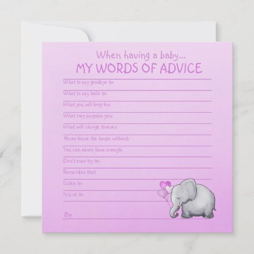 Pink Elephant Baby Shower Words of Advice for Baby Invitation