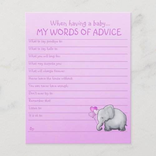 Pink Elephant Baby Shower Words of Advice Template