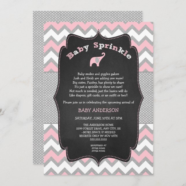 Pink elephant baby sprinkle, baby shower invitation (Front/Back)