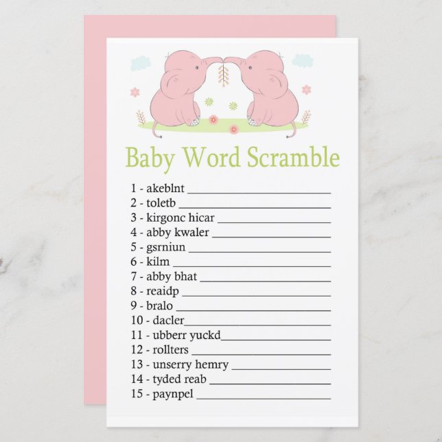 Pink Elephant Baby word scramble game (Front/Back)