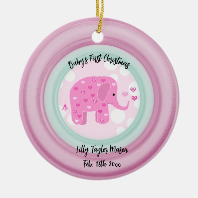 Pink Elephant Baby's Frist Christmas Ceramic Ornam Ornament (Front)