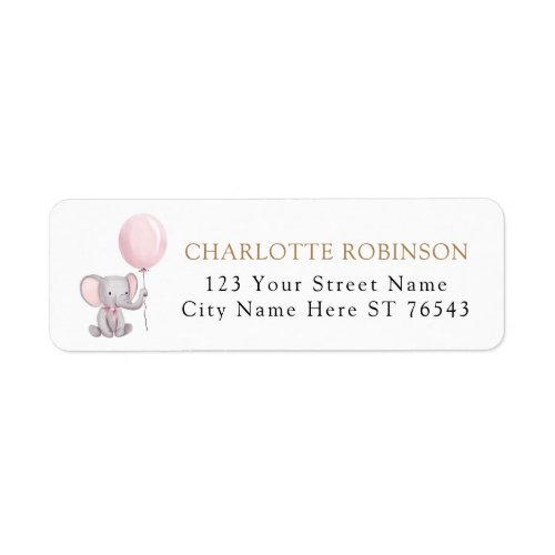 Pink Elephant Balloon Baby Shower Return Address Label