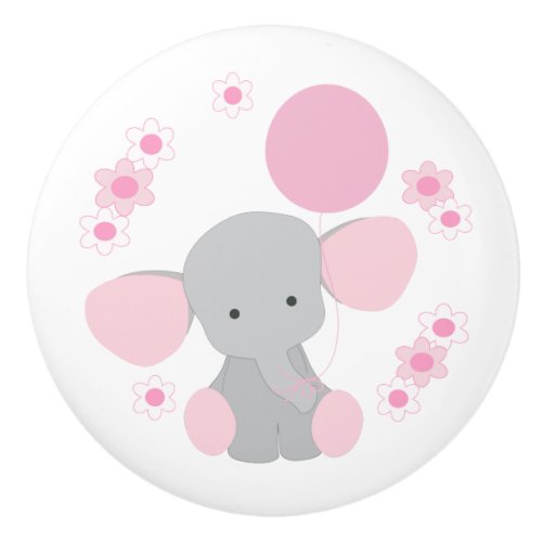 Pink Elephant Balloon Floral Baby Girl Nursery Ceramic Knob