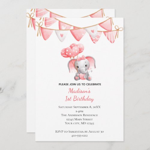 Pink Elephant Balloons Baby Girl Birthday  Invitation