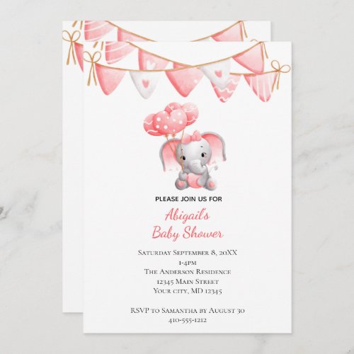 Pink Elephant Balloons Baby Shower Invitation