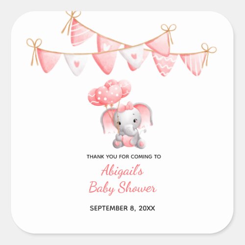 Pink Elephant Balloons Baby Shower  Square Sticker