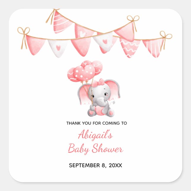 Pink Elephant Balloons Baby Shower  Square Sticker (Front)