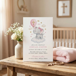Pink Elephant Baptism Clouds Balloon Watercolor Invitation