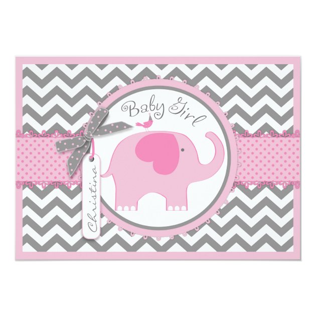 Pink Elephant Bird And Chevron Print Baby Shower Invitation