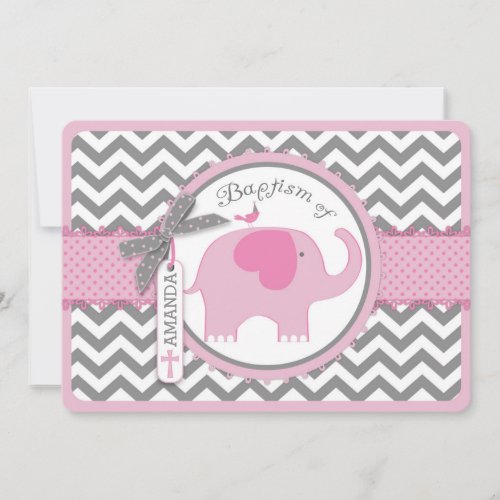 Pink Elephant Bird and Chevron Print Baptism Invitation