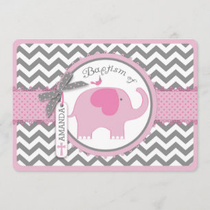 Pink Elephant Bird and Chevron Print Baptism Invitation