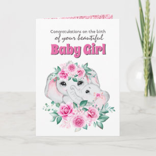 Pink elephant birth baby girl congratulations card
