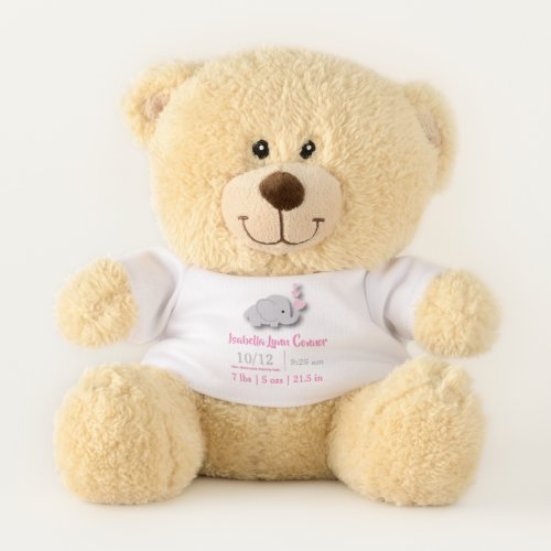 Pink Elephant  Birth Keepsake _ Baby Girl Teddy Bear