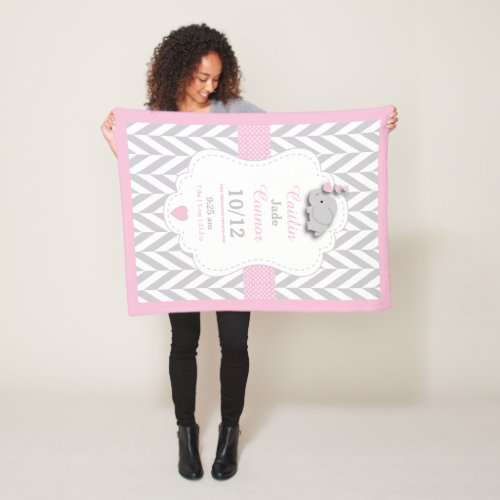 Pink Elephant Birth Keepsake Design Fleece Blanket