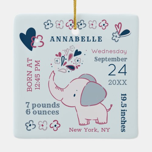 Pink Elephant Birth Stats Babys First Christmas Ceramic Ornament