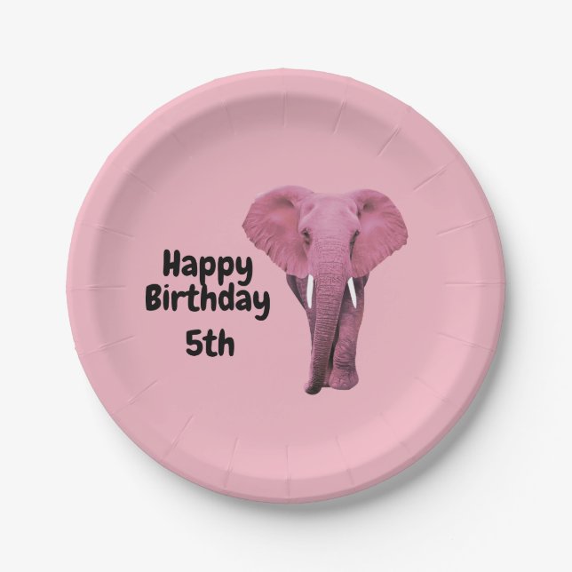 Pink Elephant Birthday Paper Plates (Front)