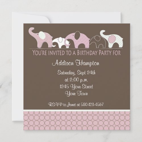 Pink Elephant Birthday Party Invitation