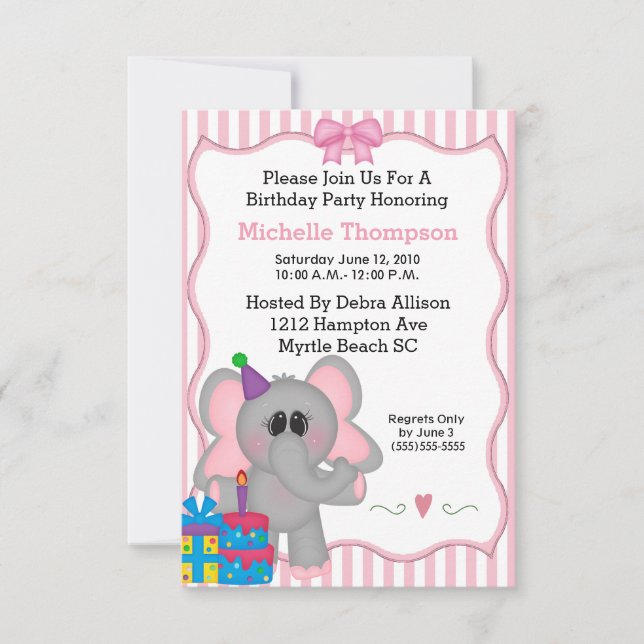 Pink Elephant Birthday Party Invitations (Front)