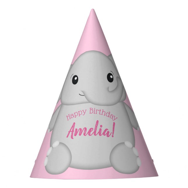 Pink Elephant Birthday Party Party Hat (Front)
