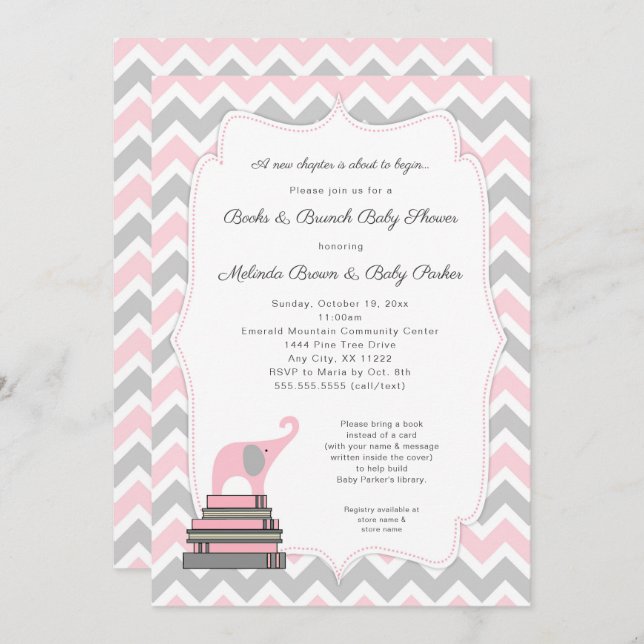 Pink Elephant Book Baby Shower, books and brunch Invitation (Front/Back)