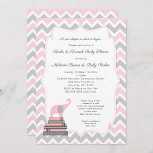Pink Elephant Book Baby Shower, books and brunch Invitation