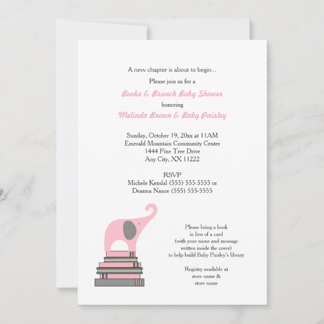 Pink Elephant Book Baby Shower / Books Brunch girl Invitation (Front)