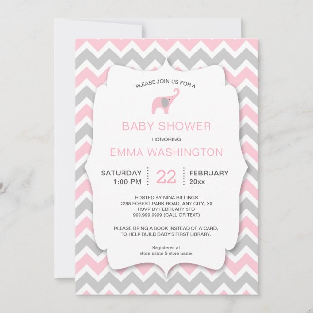 PInk Elephant Bring a Book Baby Shower invite (Front)