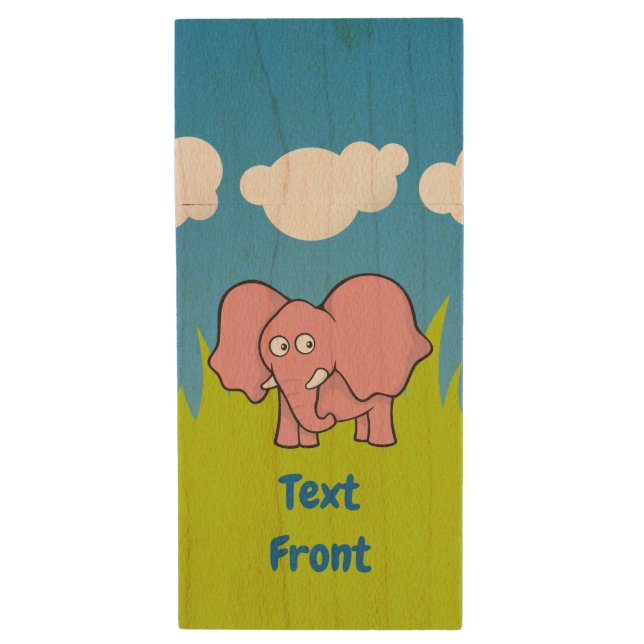 Pink Elephant Cartoon Wood Flash Drive (Front Vertical)