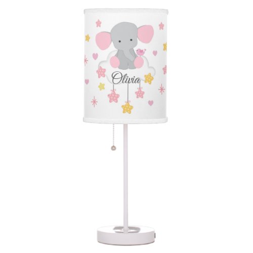 Pink Elephant Cloud Stars Baby Girl Nursery Table Lamp
