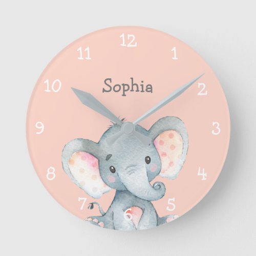 Pink Elephant Cute Baby Girl Name Personalized Round Clock