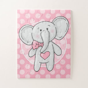 Pink Elephant - Cute Polka Dots Heart Bow Jigsaw Puzzle