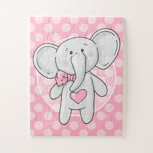 Pink Elephant _ Cute Polka Dots Heart Bow Jigsaw Puzzle