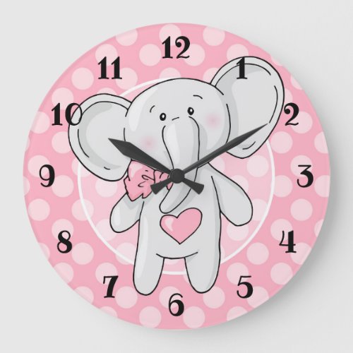 Pink Elephant _ Cute Polka Dots Heart Bow Large Clock