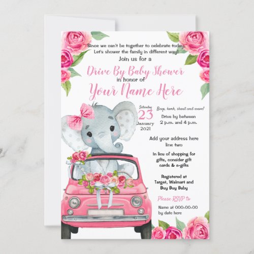 Pink Elephant Drive By Baby Shower Roses Girl Invitation
