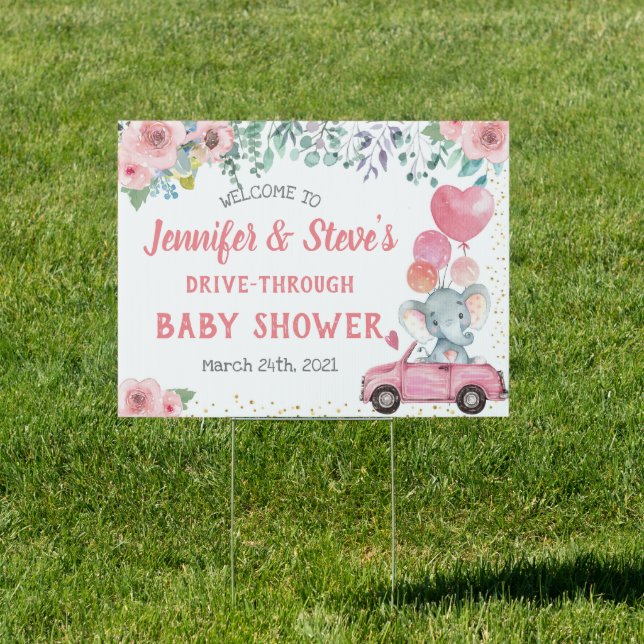 Pink Elephant Drive Through Baby Shower Parade Sign (Insitu)