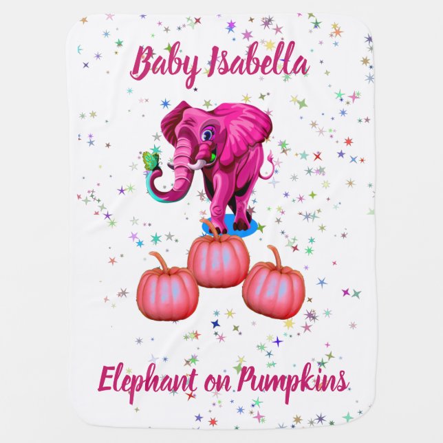 Pink Elephant Fall Pumpkins Twinkling Stars Baby Blanket (Front)