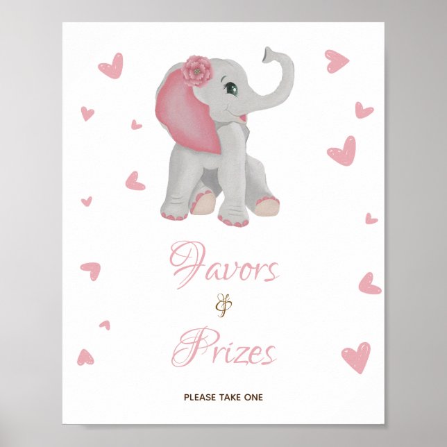 Pink Elephant Favors & Prizes Baby Shower Sign (Front)
