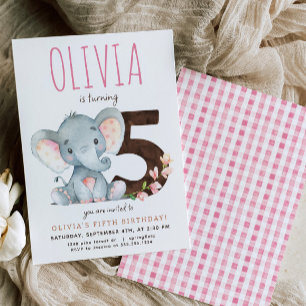 Pink Elephant Fifth Birthday Invitation