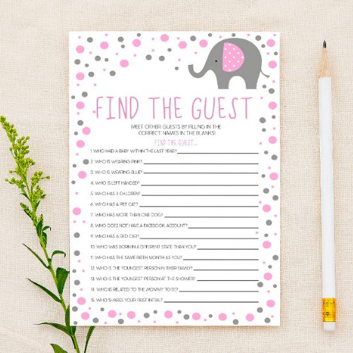 Pink Elephant Find Guest Baby Shower Game Stationery