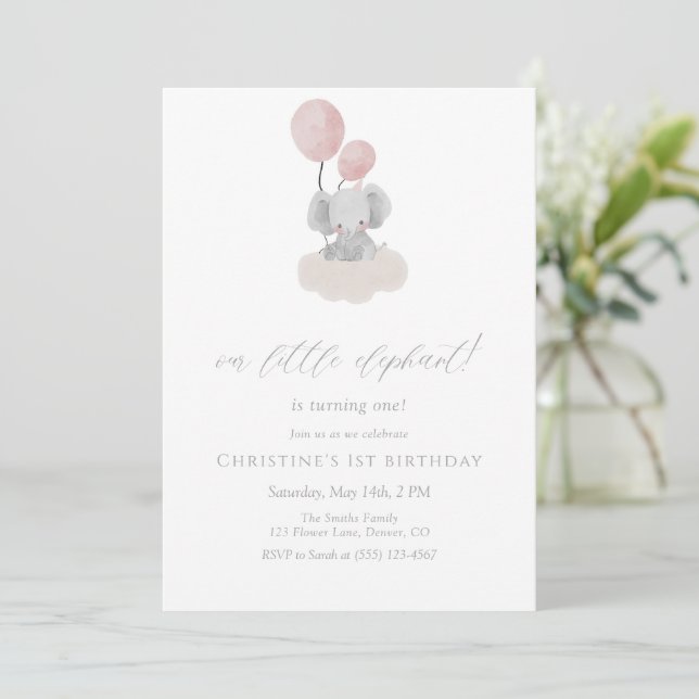 Pink Elephant First Birthday Invitation (Standing Front)