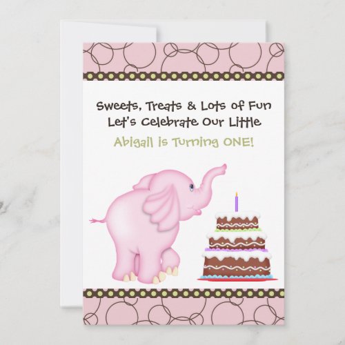 Pink Elephant First Birthday Invitation for Girls