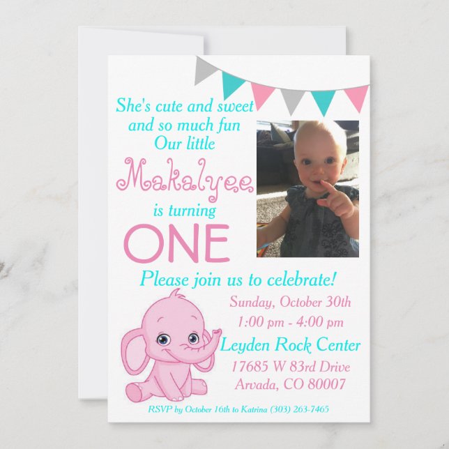 Pink Elephant First Birthday Party Invitation (Front)