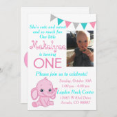 Pink Elephant First Birthday Party Invitation (Front/Back)