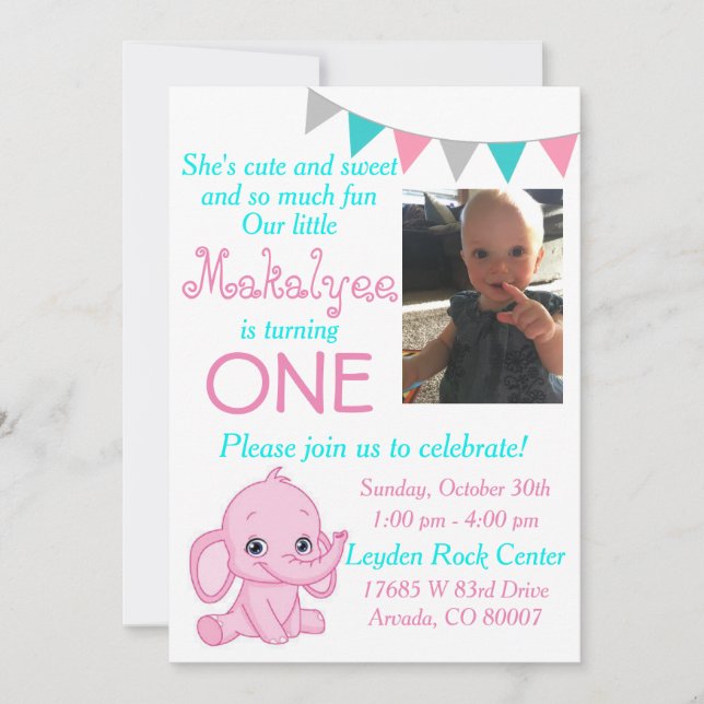 Pink Elephant First Birthday Party Invitation (Front)