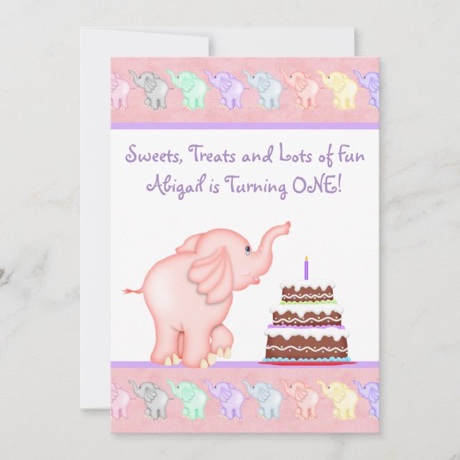 Pink Elephant First Birthday Party Invitation (Front)